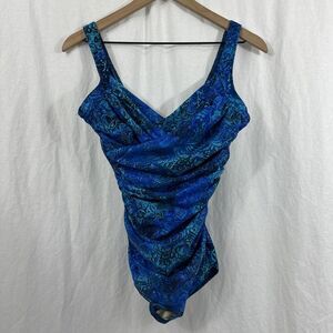 Miraclesuit Bella Blue One Piece Ruched Paisley Metallic Swimsuit Womens Sz 10